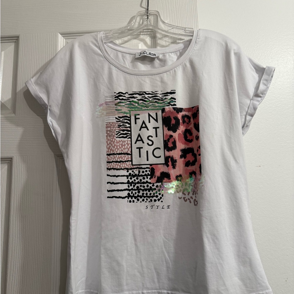 J-CLAIR Women T-Shirt Made In Italy White Embellish Sequin&Animal Print Size M
